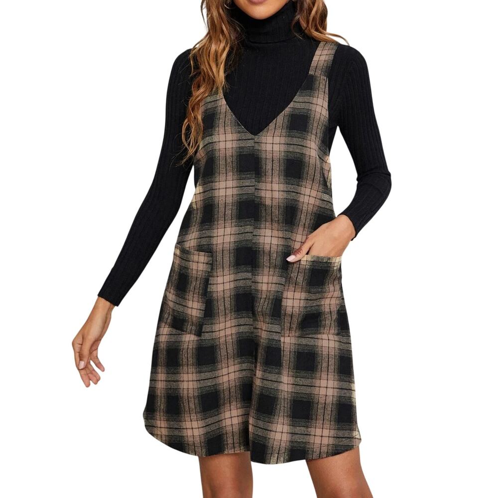 Shein Black & Tan Plaid Sleeveless Mini Dress Pocket Front Layering Dress Large